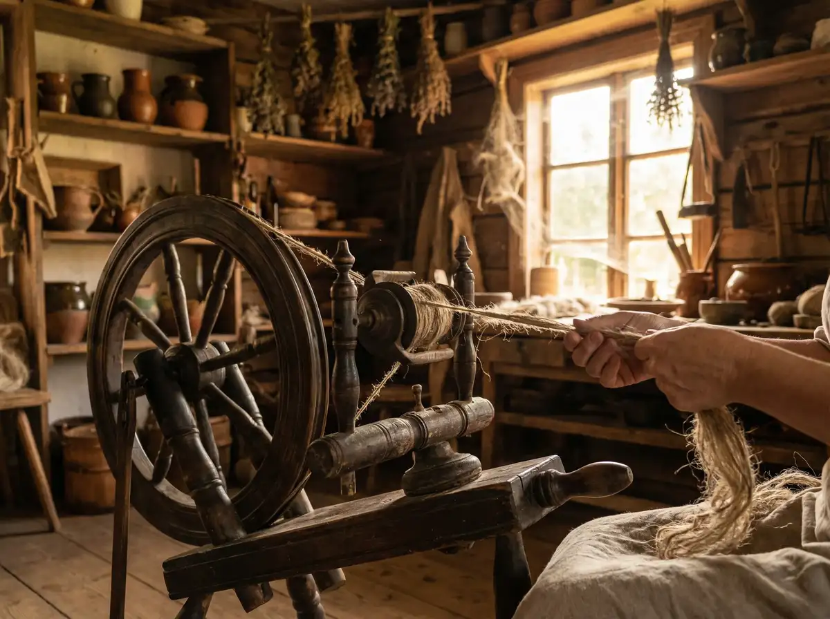 手摇纺车纺麻线 - 传统纺织工艺 | 麻豆视频